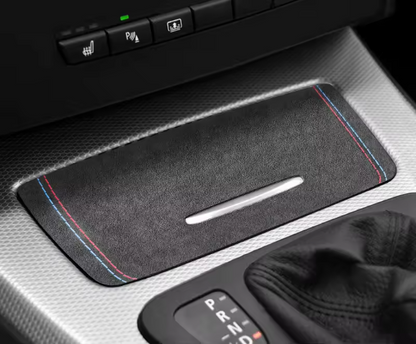 E90 Center Console Storage Cover Trim – Carbon Fiber / Alcantara (E9X 2005–2012, Pre-LCI & LCI)