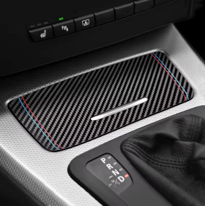 E90 Center Console Storage Cover Trim – Carbon Fiber / Alcantara (E9X 2005–2012, Pre-LCI & LCI)
