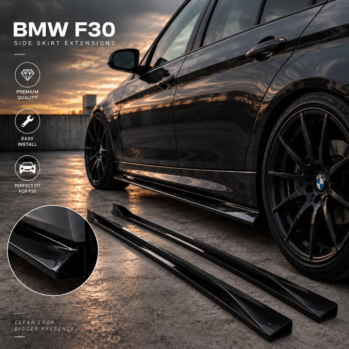 BMW F30 Side Skirt Extensions – Gloss Black | 2012–2019