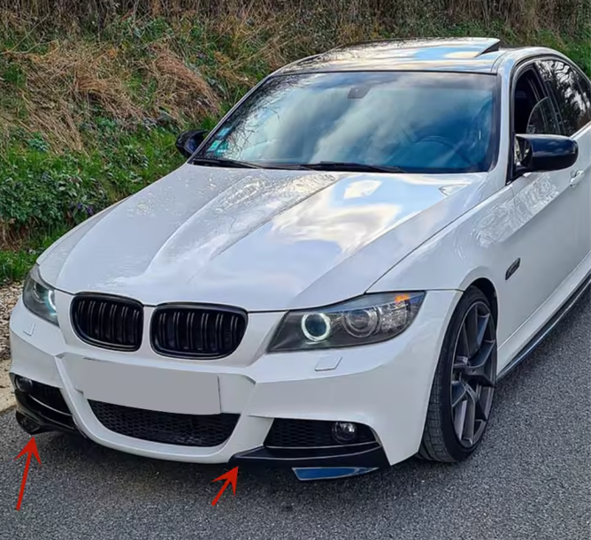 E90 LCI M Sport Front Bumper Splitters – Gloss Black / Carbon Look (E90 & E91 2009–2012  LCI)