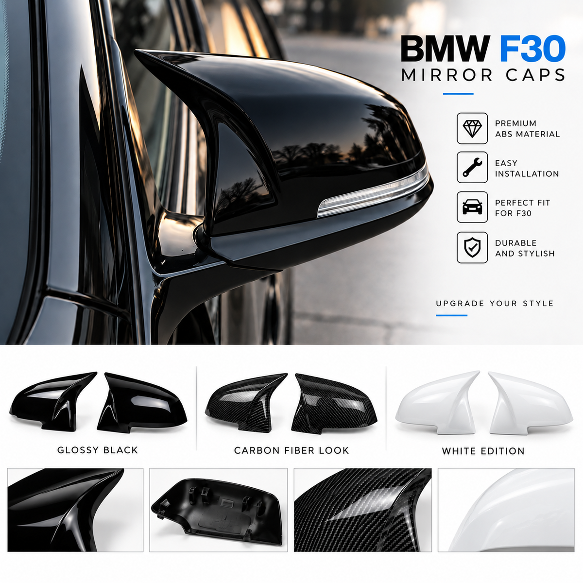 BMW F30 Mirror Caps – Gloss Black / Carbon Look | 2012–2019 | Pre-LCI & LCI