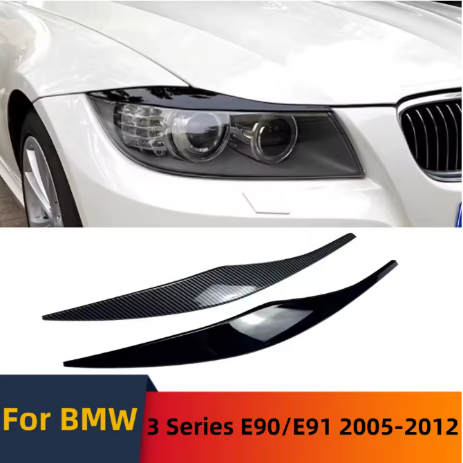 E90 Headlight Eyebrows Trim – Gloss Black / Carbon Look (E9X 2005–2012, Pre-LCI & LCI)